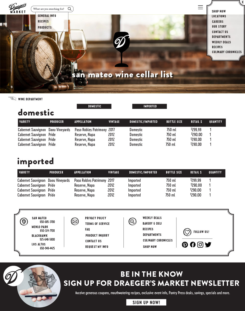 Wine Department Location Inventory List page mockup