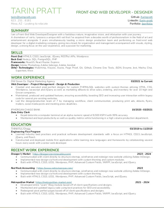 Tarin Pratt work resume